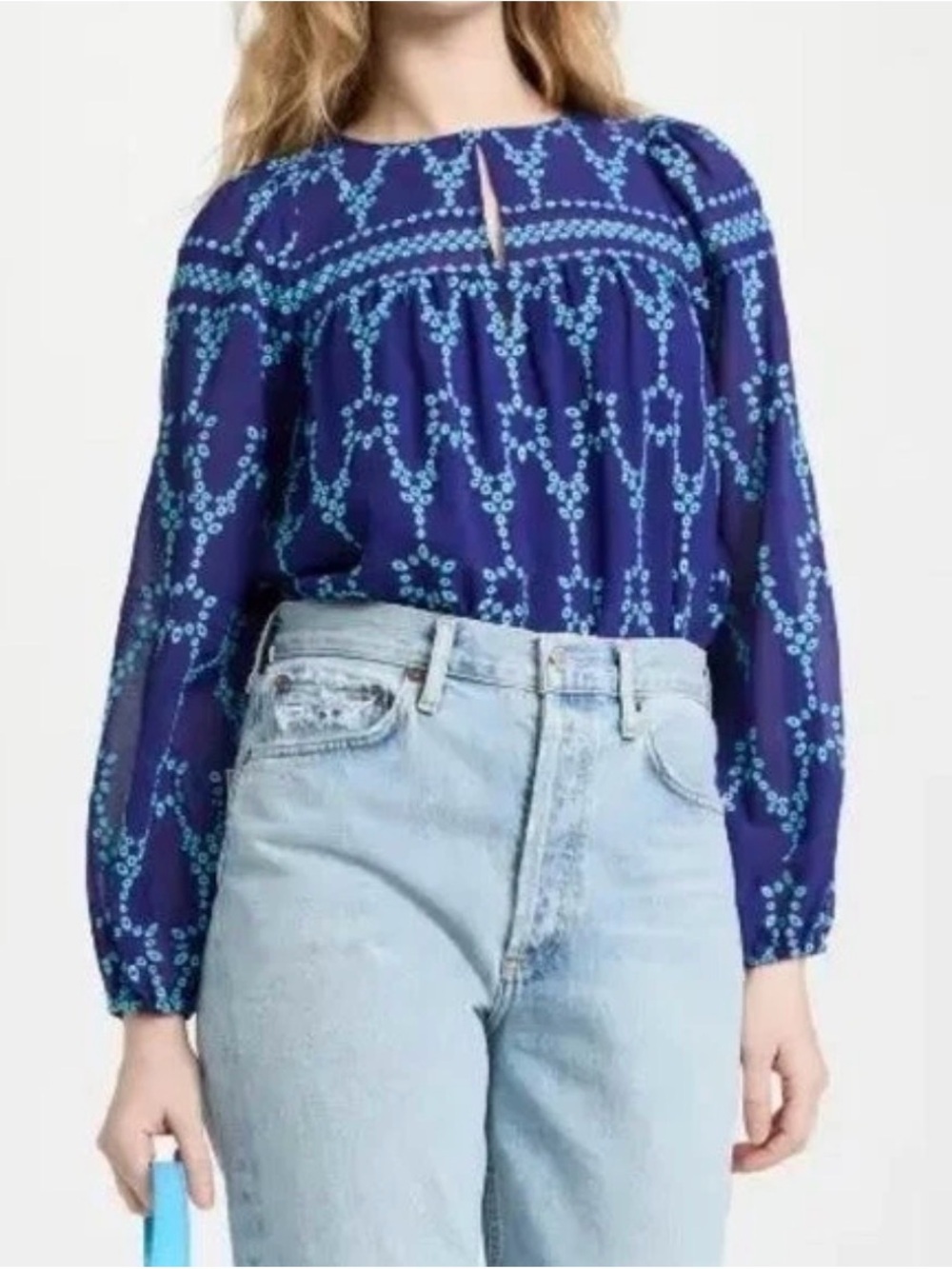 NWT Shoshanna Embroidered Eyelet Top Blue Turquoise Floral Flowy Boho Sz Large
